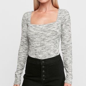 EXPRESS Grey Ribbed Long Sleeve Bodysuit